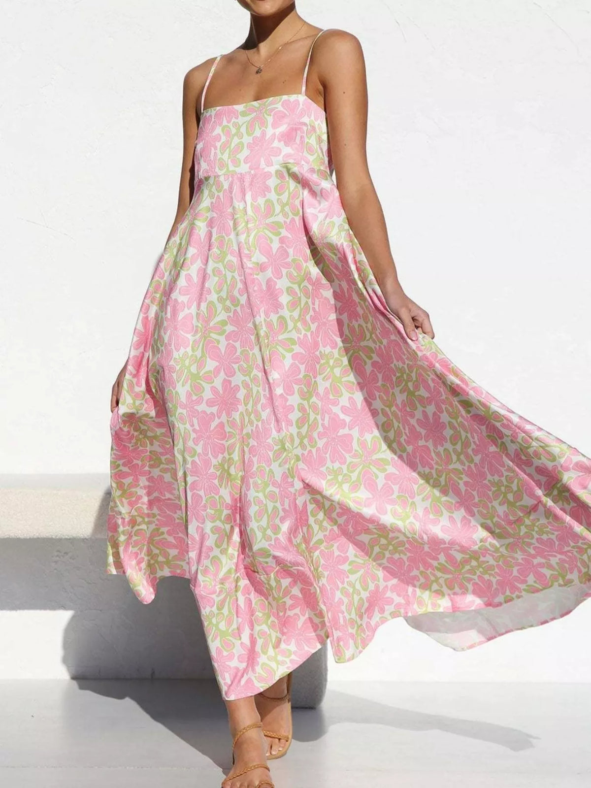 printed spaghetti strap maxi dress neckline detail
