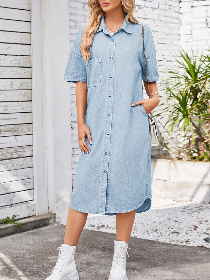 Light blue button front shirt dress shown on model