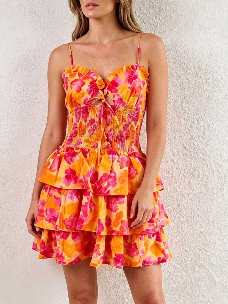 Orange floral cutout ruffle mini dress front view