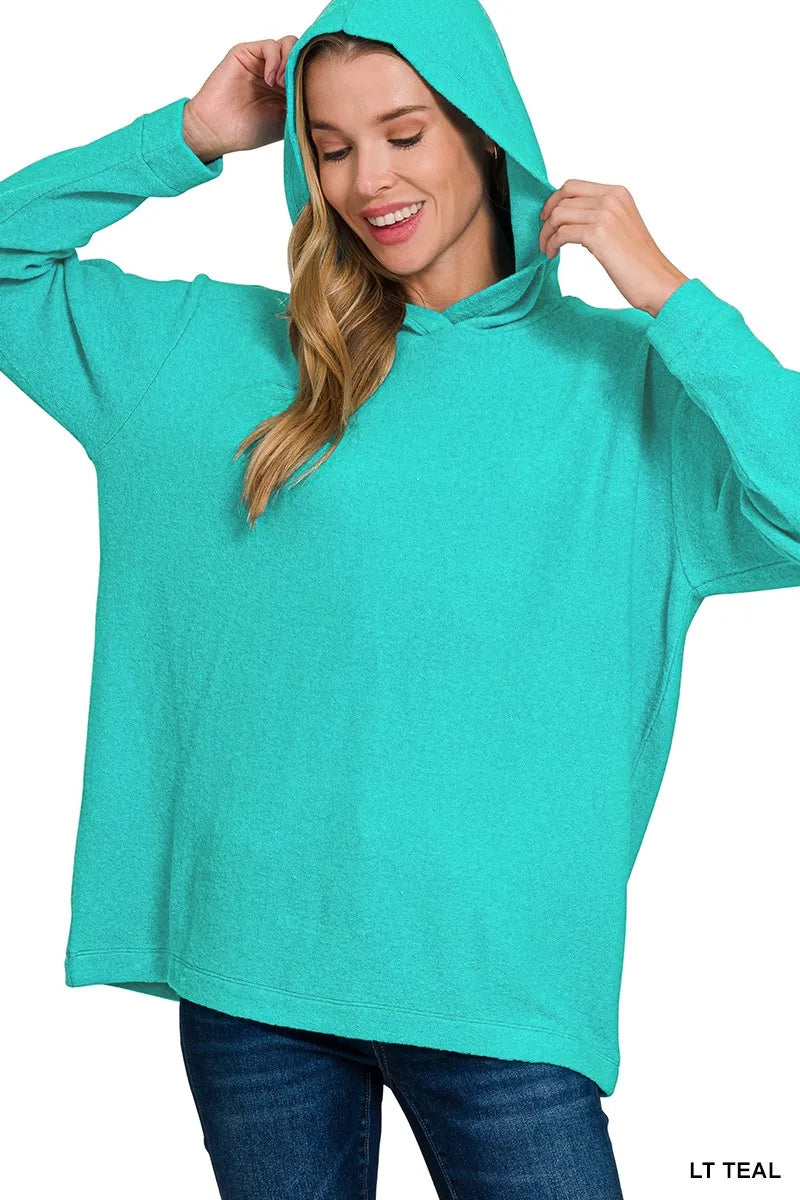 Zenana Hooded Brushed Melange Hacci Sweater LT TEAL - Fashorio