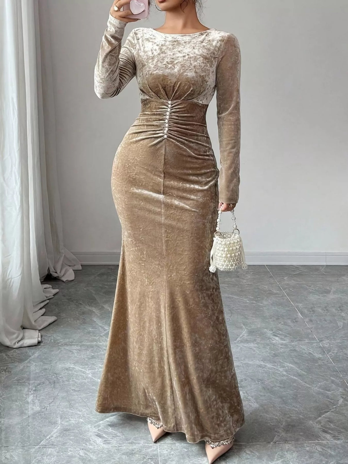 Velvet ruched bodycon maxi dress in khaki, detail of the fabric