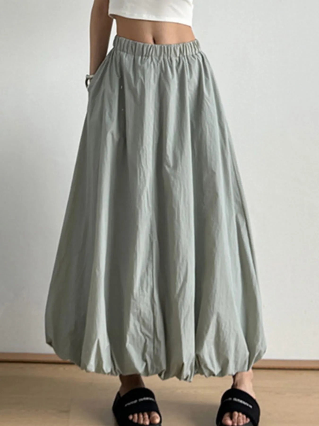Elastic Waist Bubble Hem Maxi Skirt - Fashorio