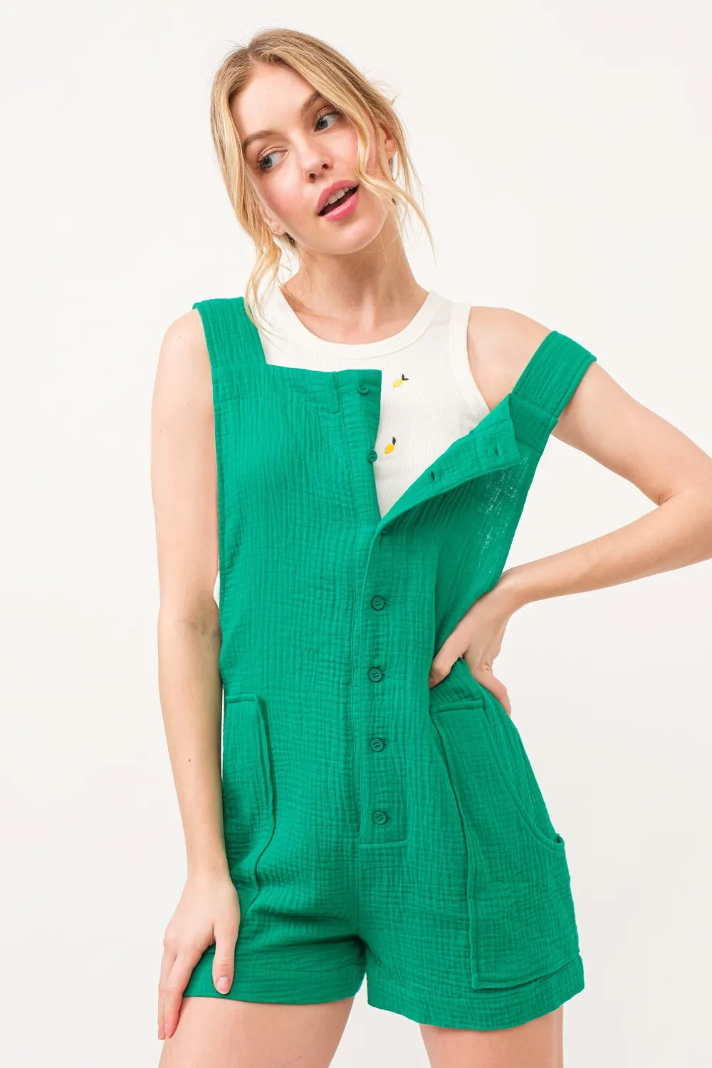 Button Up Tie Back Sleeveless Romper back view
