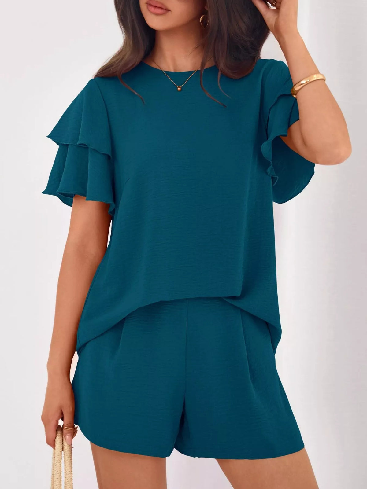 Ruffle sleeve two piece set fabric detail
