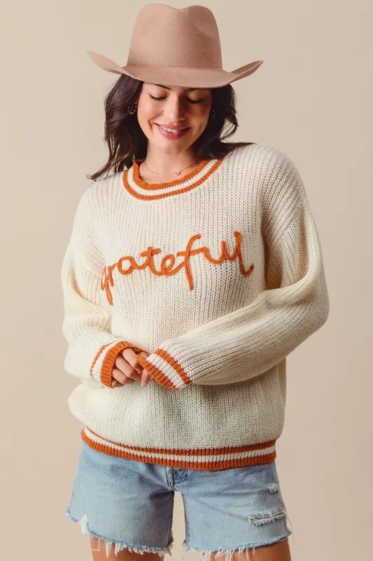 SO ME Thanksgiving Grateful Lettering Stitch Sweater - Fashorio