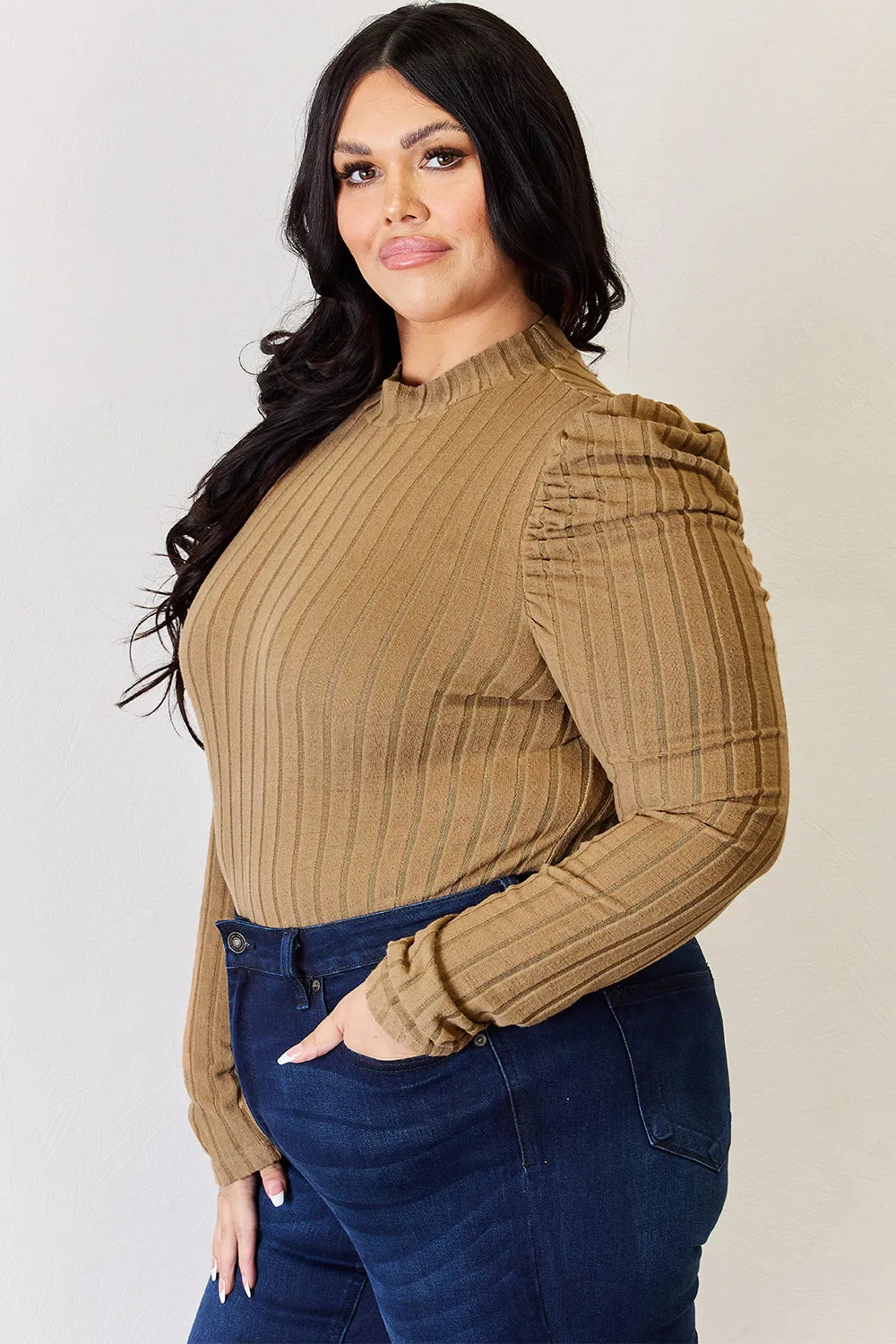 Basic Bae Ribbed Mock Neck Puff Sleeve Top, view 28