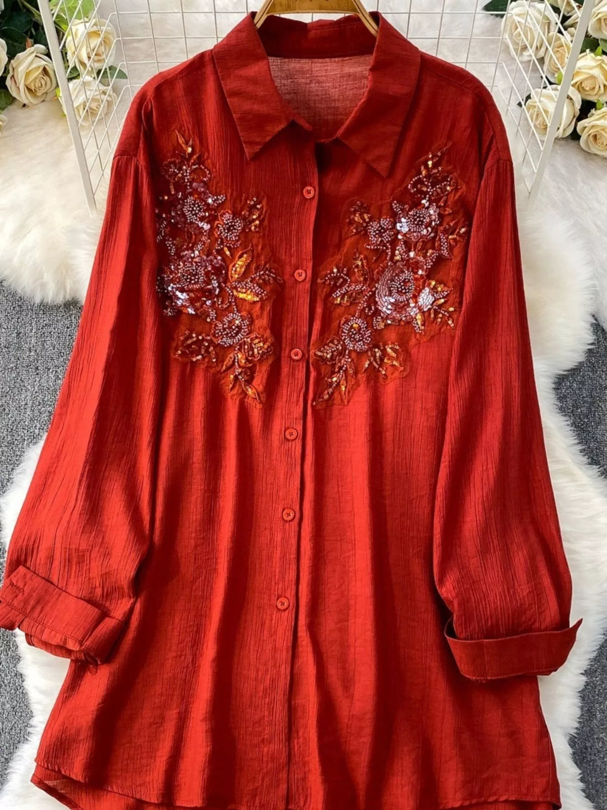 Sequin Flower Button Up Shirt and Cami Dress Set, view 5