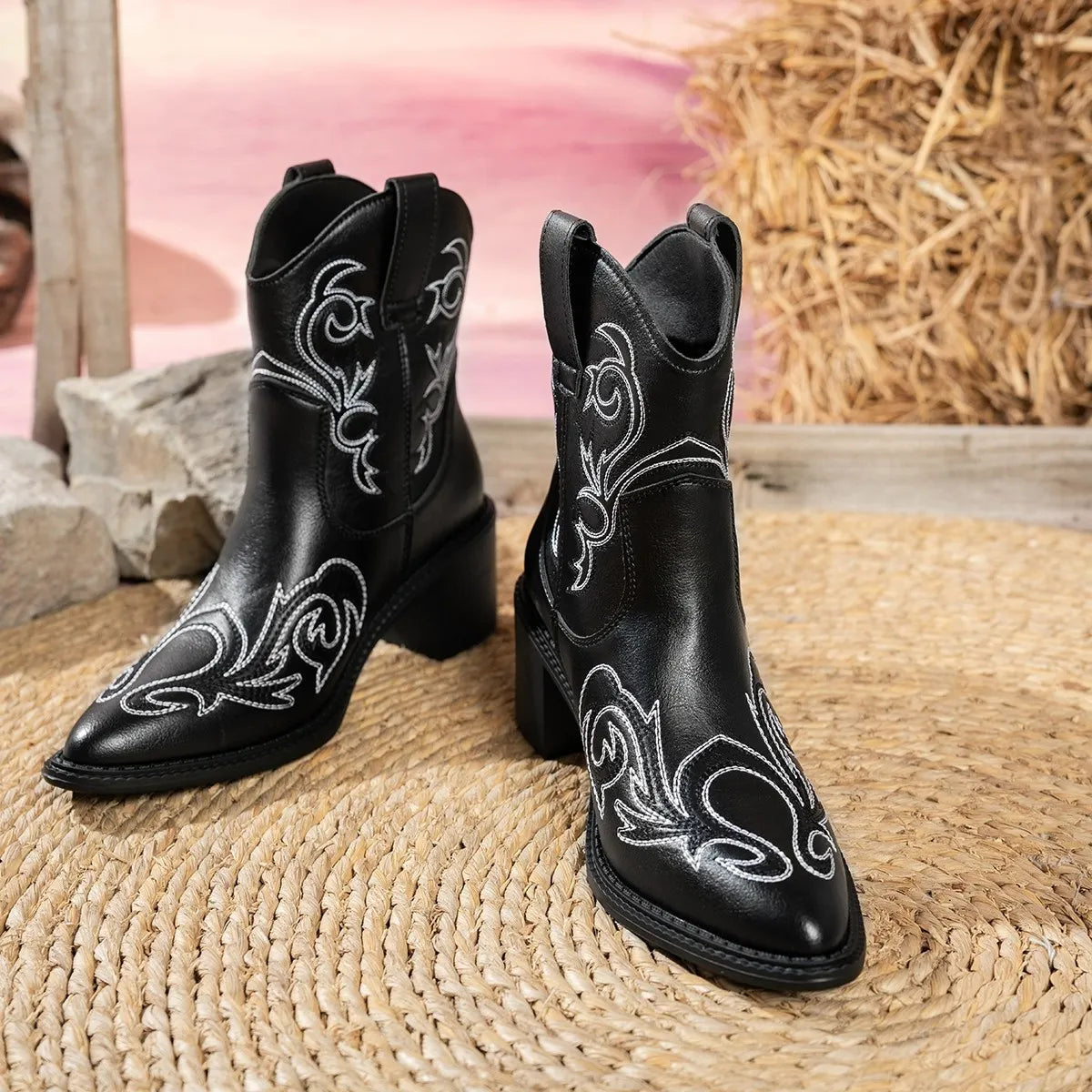 Classic point toe block heel boots upper detail