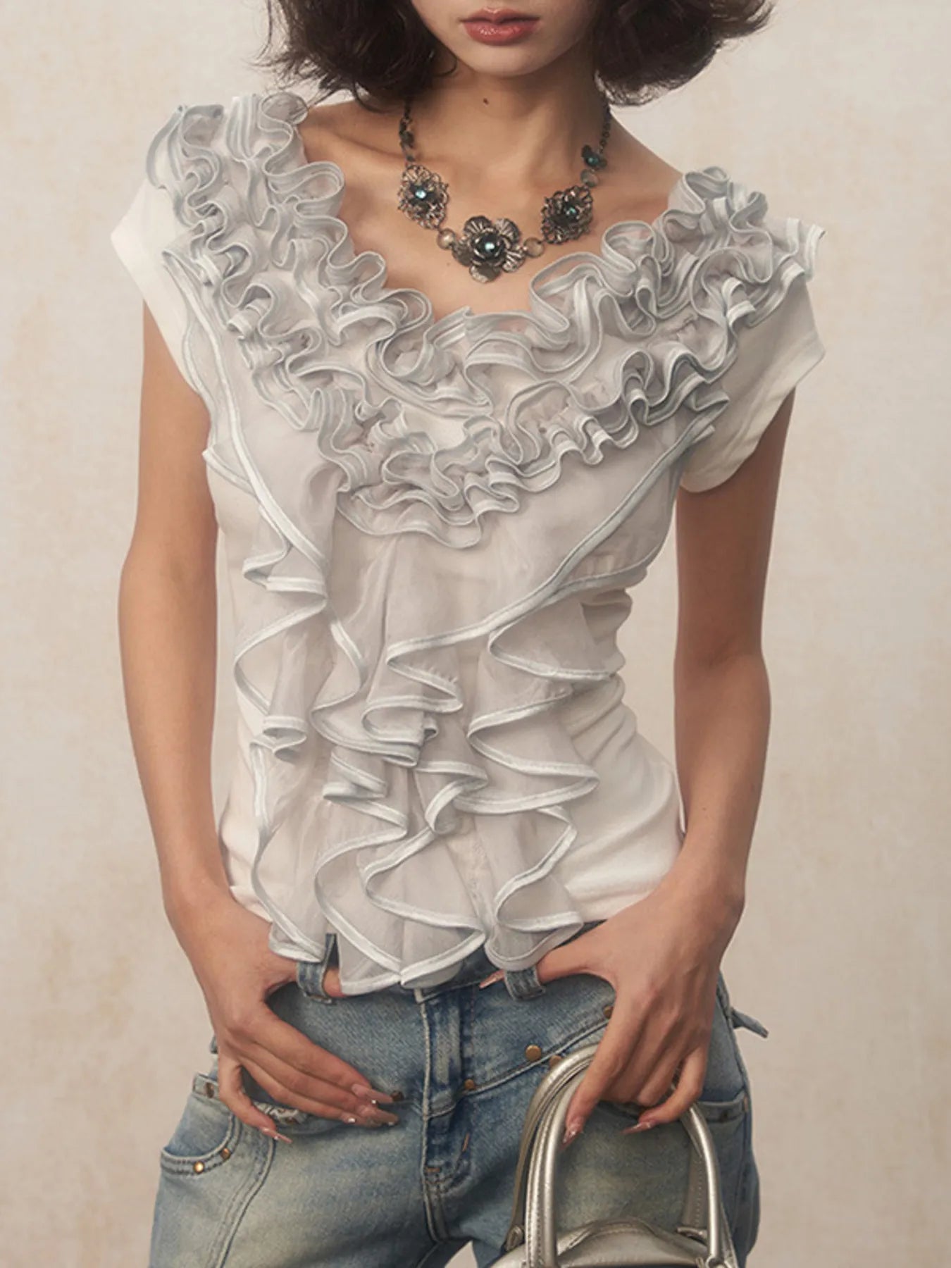 Ruffled Round Neck Top White - Fashorio