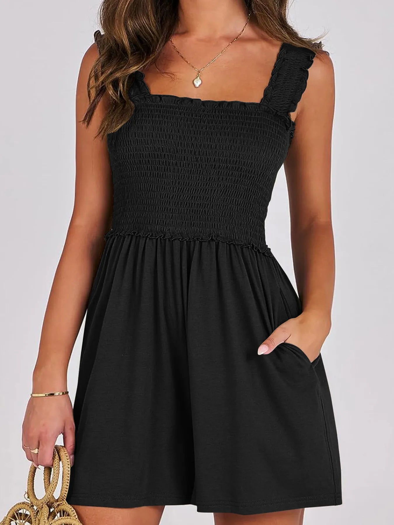 Smocked Square Neck Summer Romper Black - Fashorio