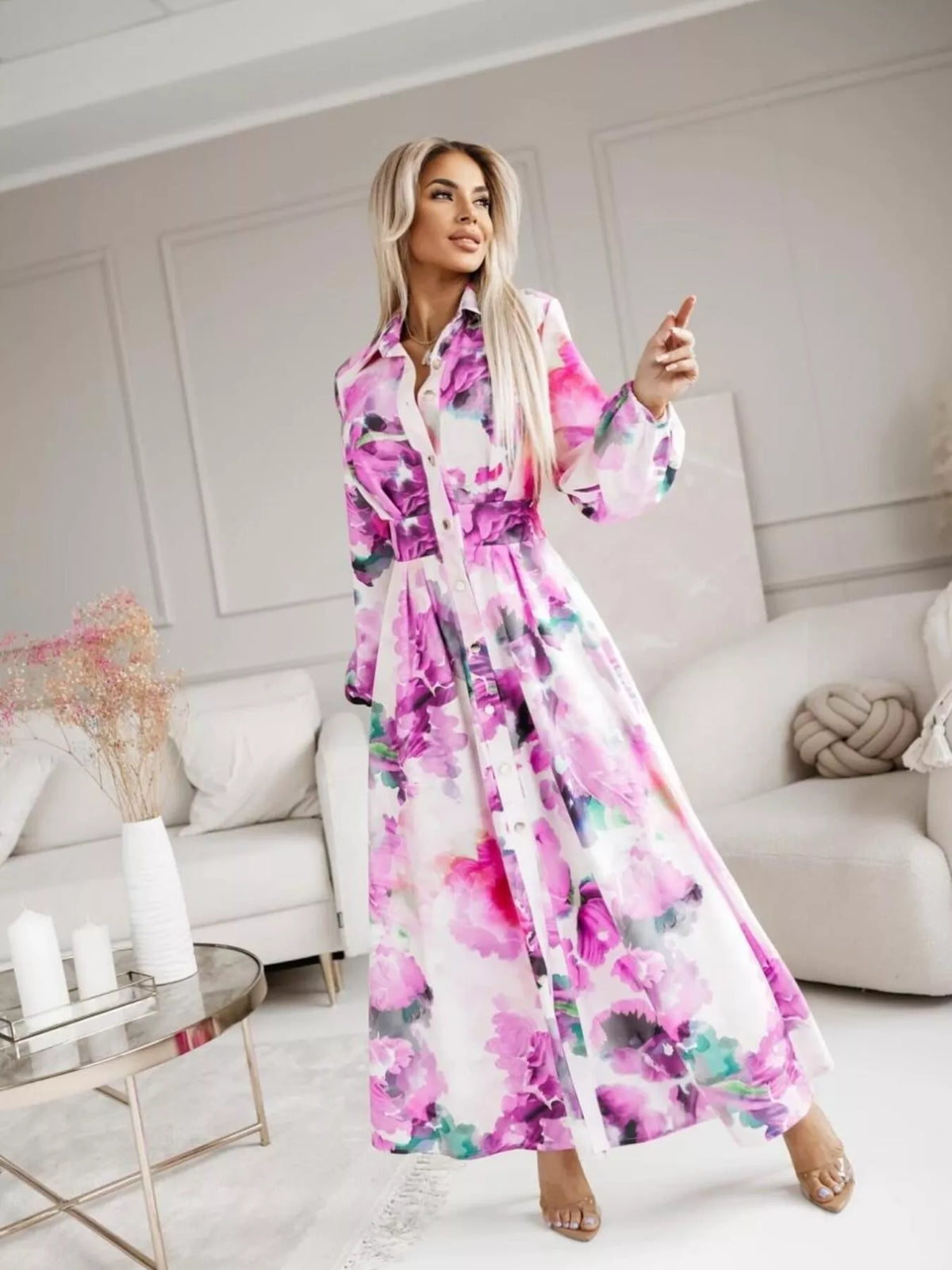 Printed button front maxi shirt dress front view