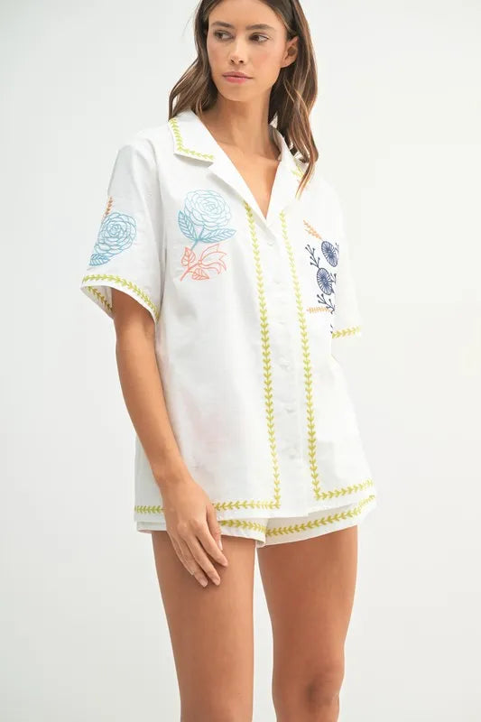 MABLE Embroidered Button Down Shirt and Shorts Set - Fashorio