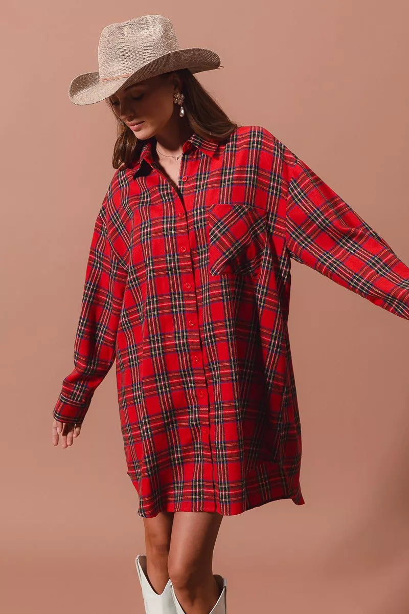 Checker Plaid Button Up Shirt Dress in Red back view