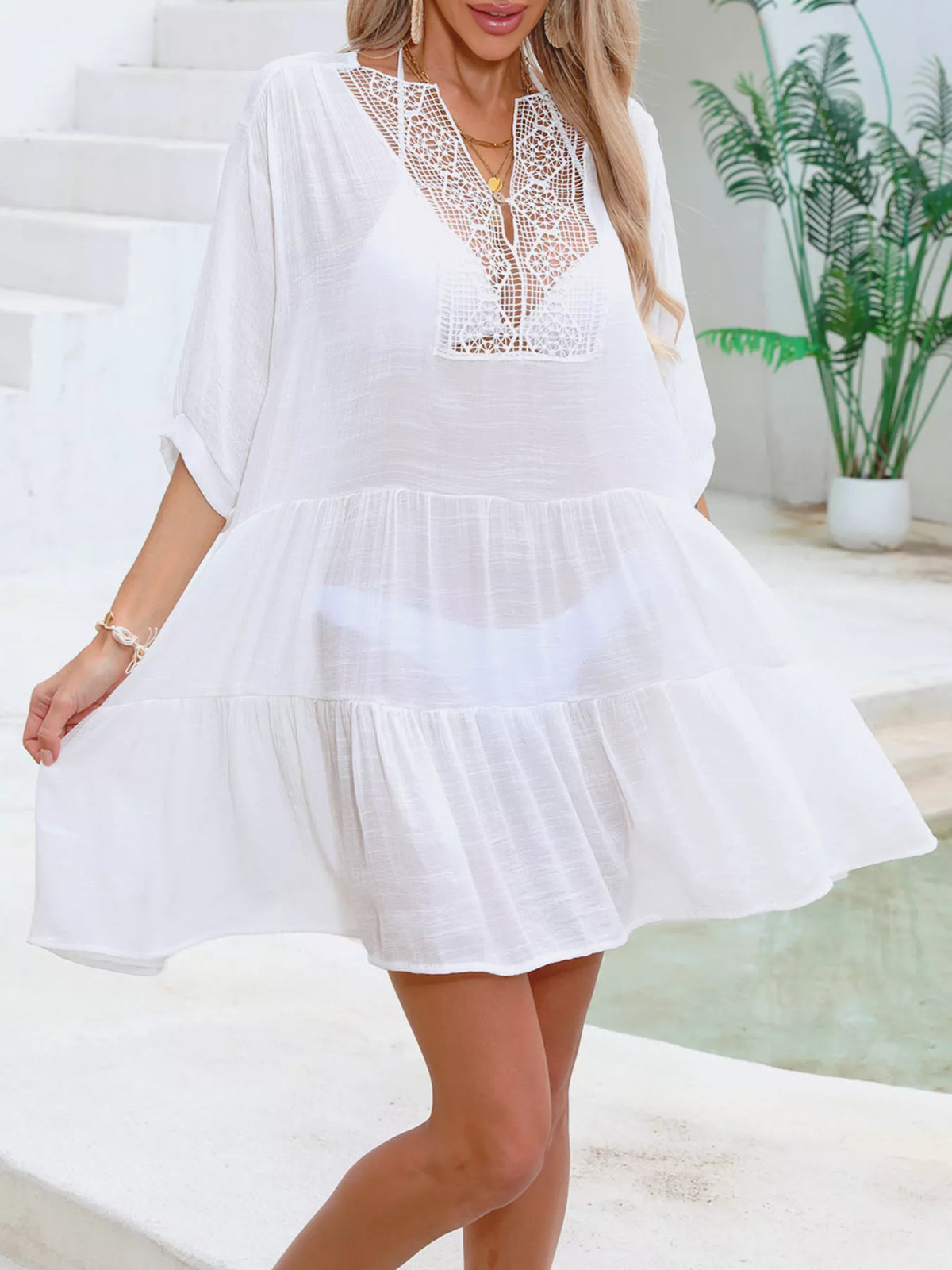 white lace trim tiered cover up dress back view