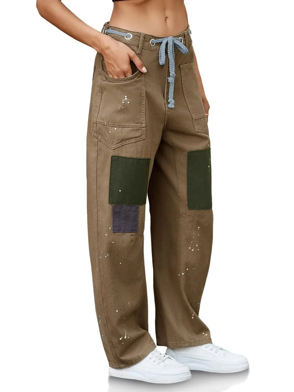 Model in washed wide leg jeans