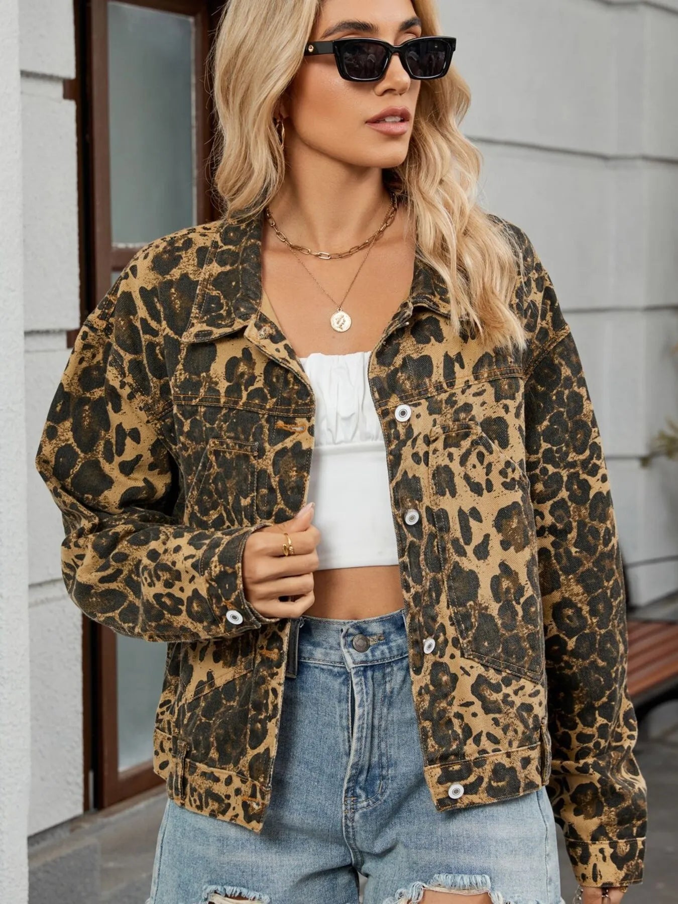 Leopard Print Button Up Denim Jacket Leopard Print - Fashorio