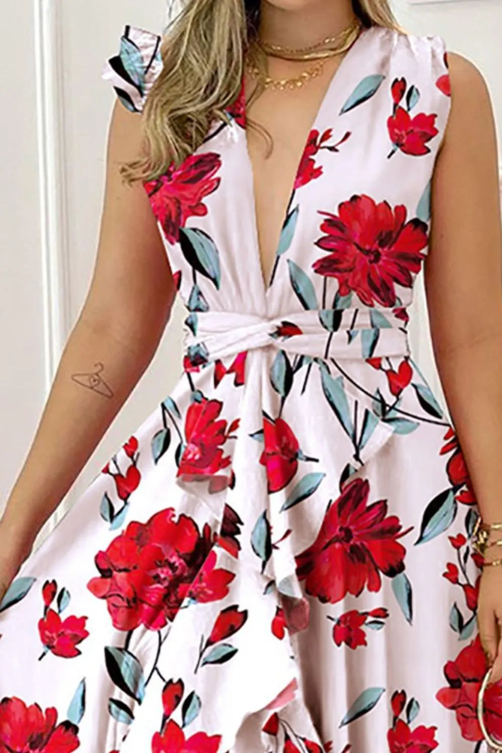 Ruffled plunge sleeveless maxi dress side profile