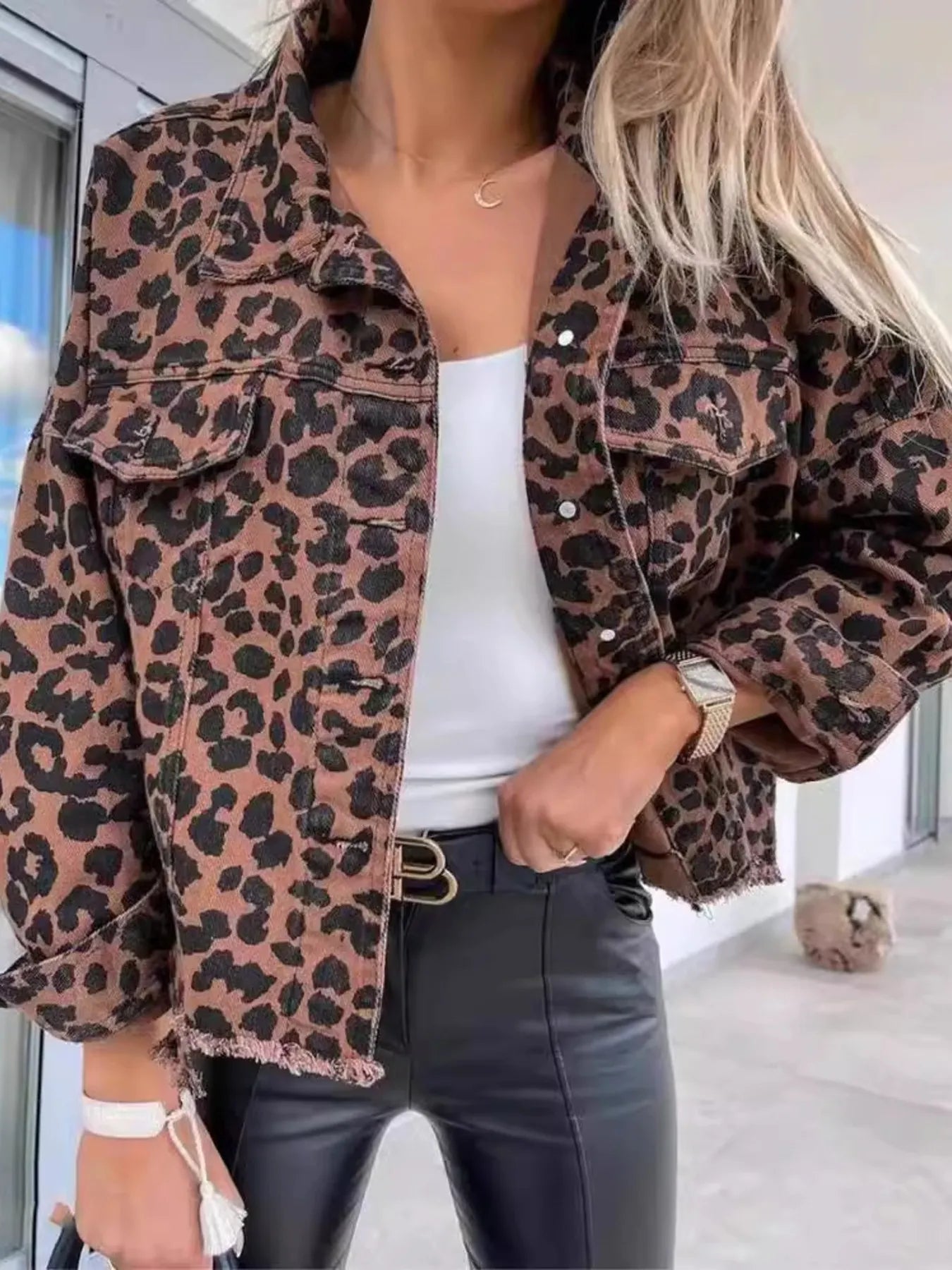 Leopard Print Raw Hem Denim Jacket Leopard - Fashorio