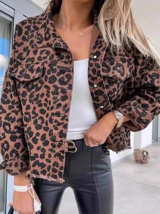 Leopard Print Raw Hem Denim Jacket Leopard - Fashorio