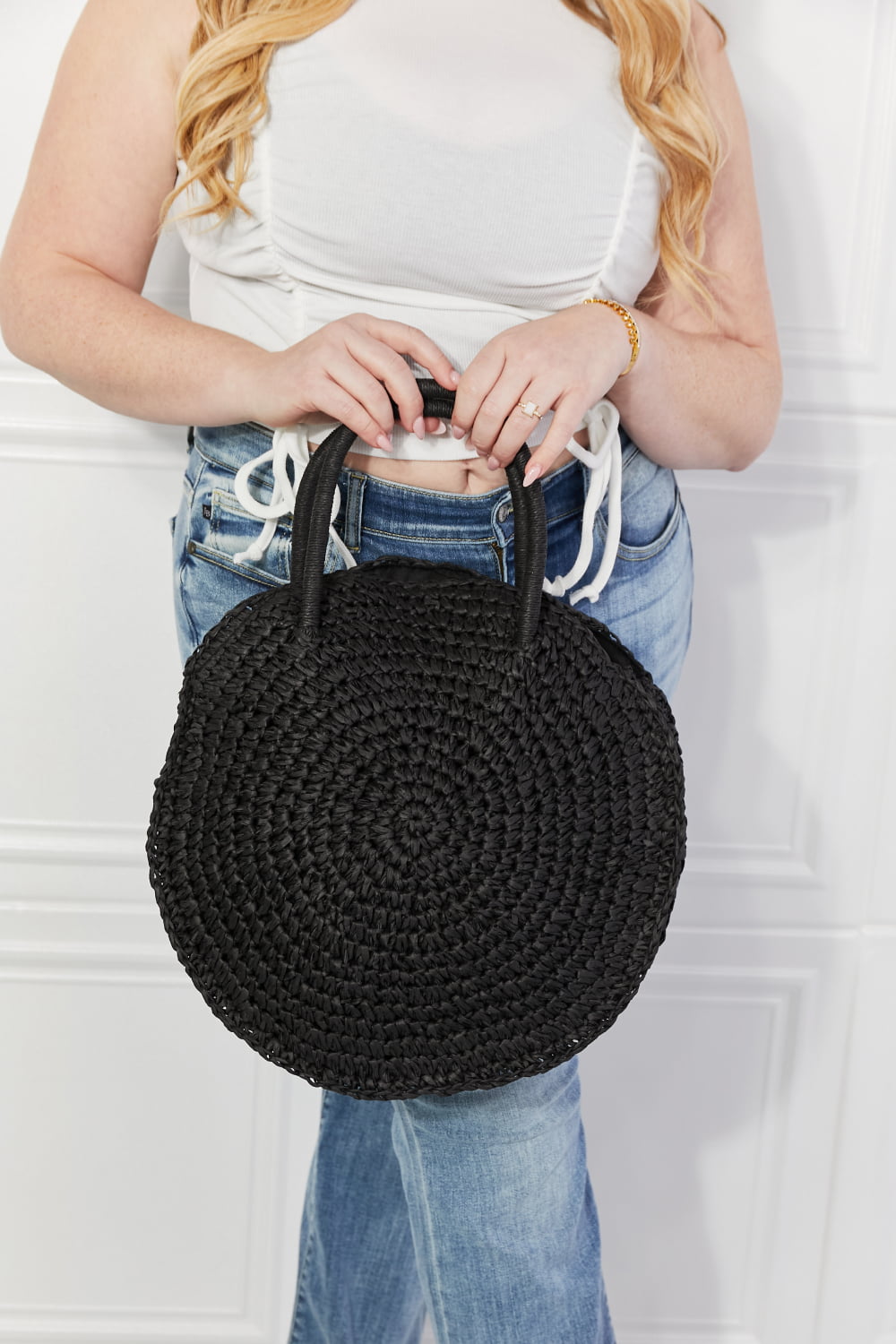 Woven handbag interior opening view