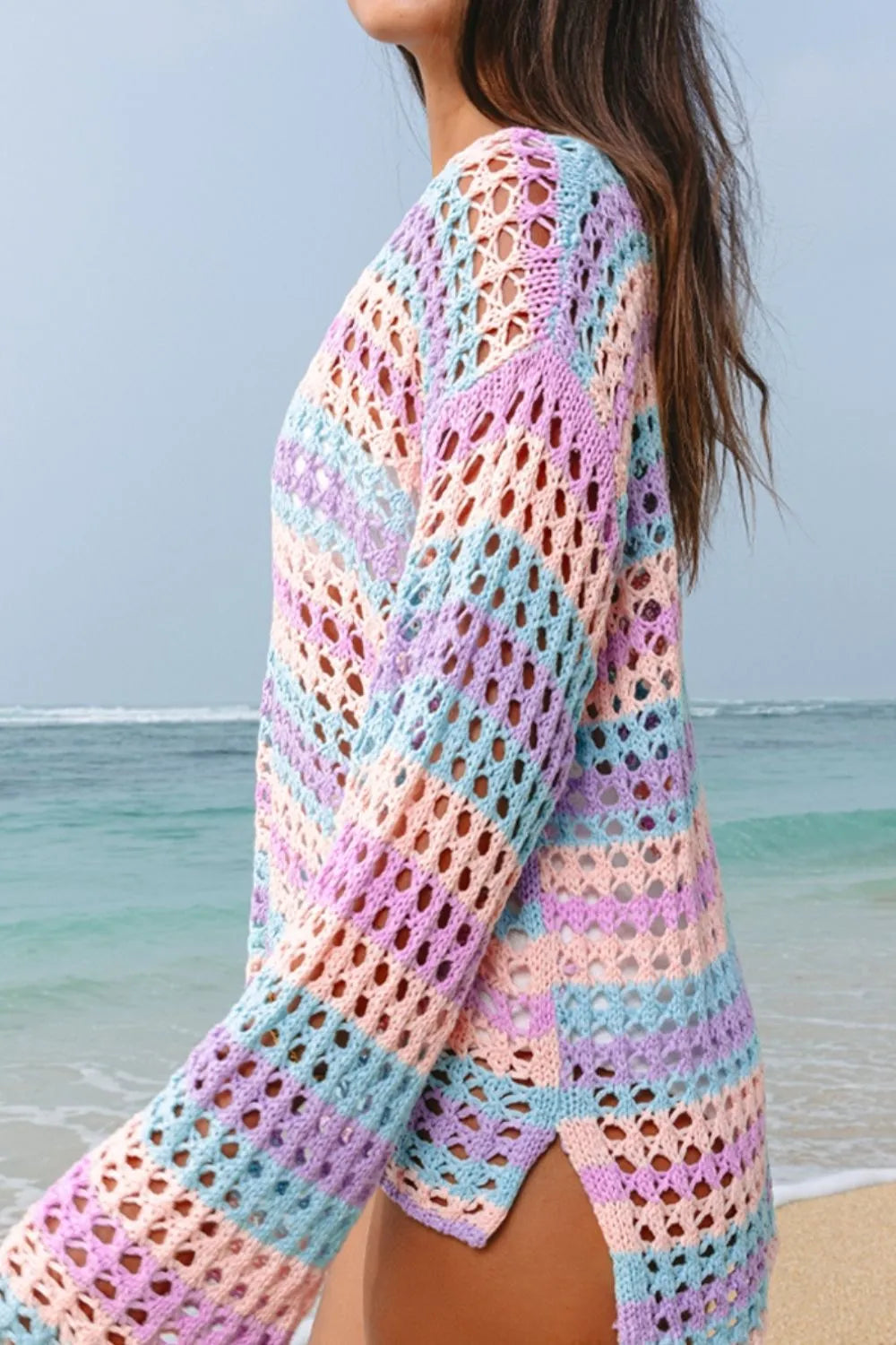 Round neck striped layering kimono styled