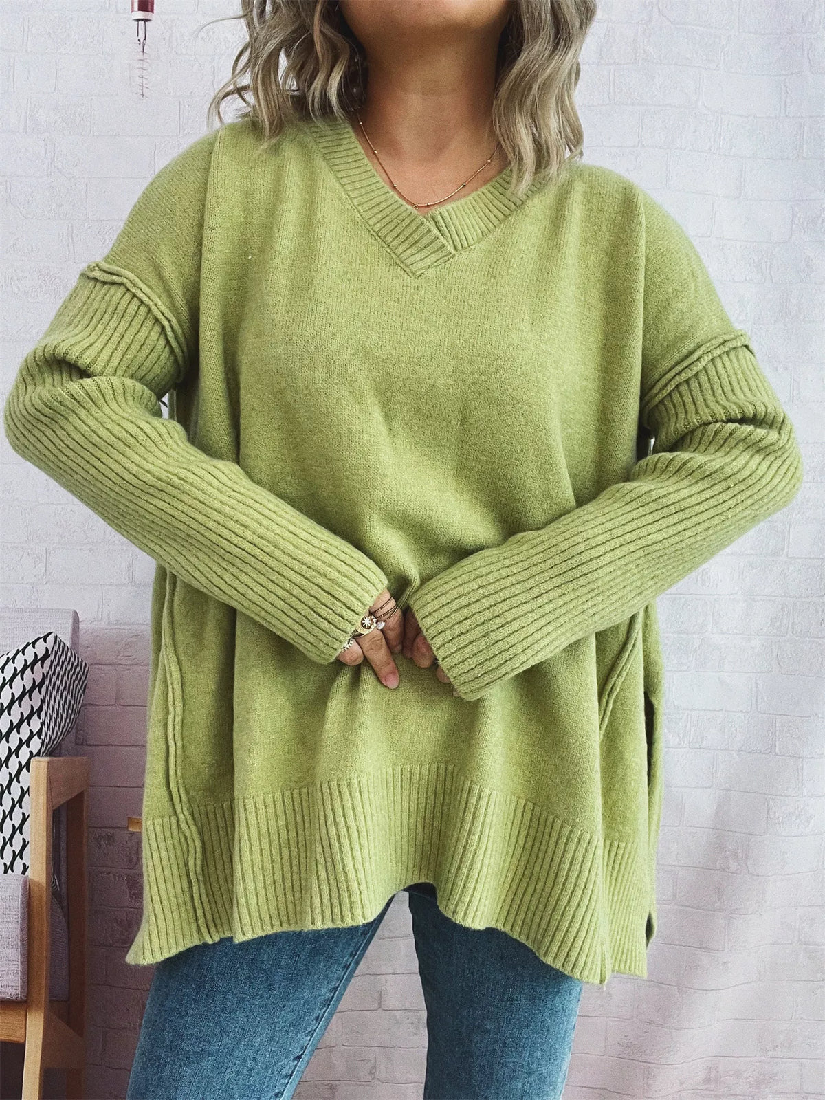 v neck dropped shoulder sweater side view