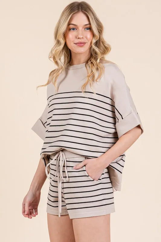 Lime 'N' Chili Striped Folded Half Sleeve Top and Shorts Set - Fashorio