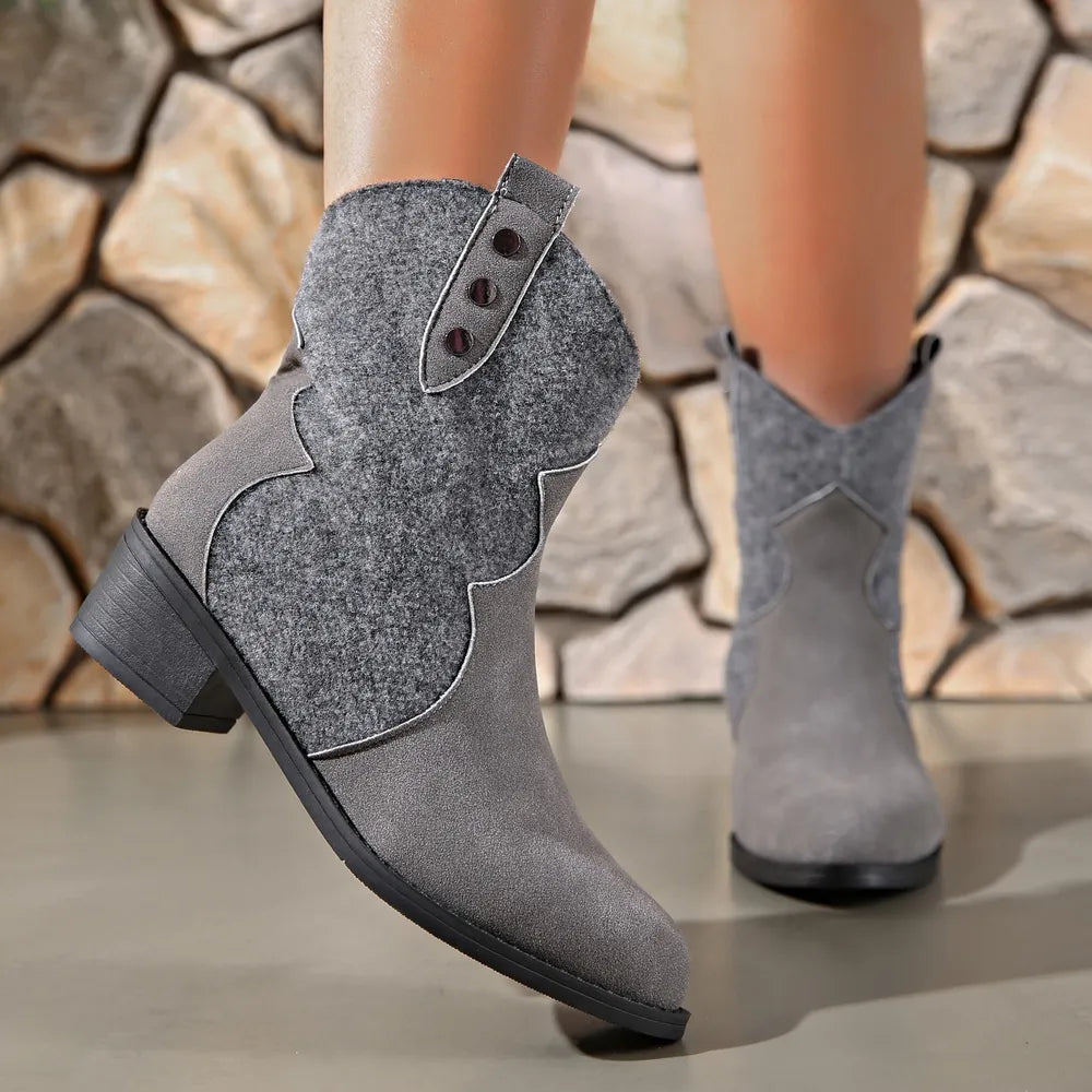 Suede Point Toe Block Heel Boots upper detail