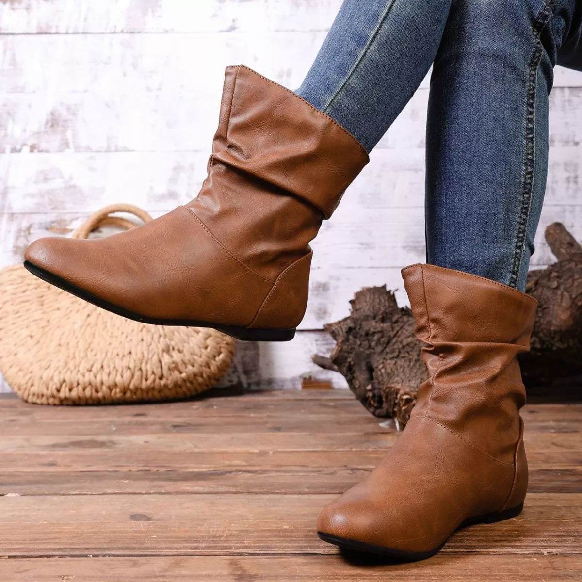 Flat Ankle Boots with Wrinkled Design styled on model