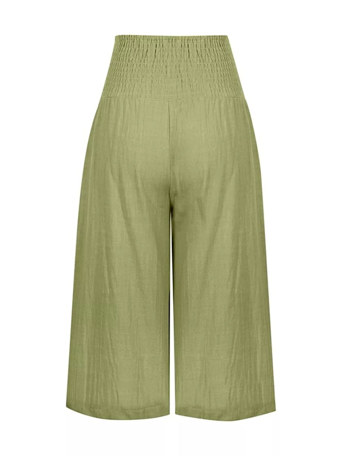 Fabric texture detail of the smocked capri pants