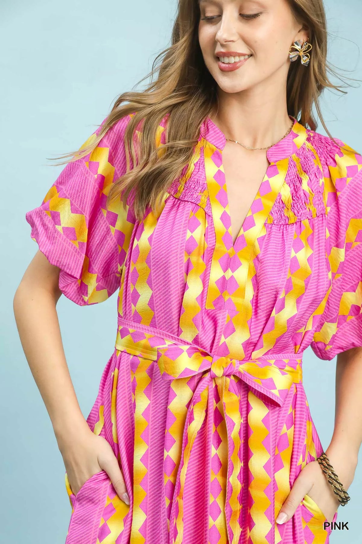 Pink stripe waist tie dress full length view