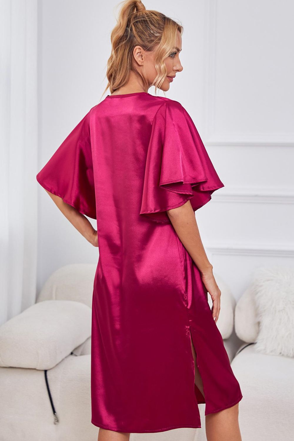 Satin Flutter Sleeve Side Slit V-Neck Night Dress - Fashorio