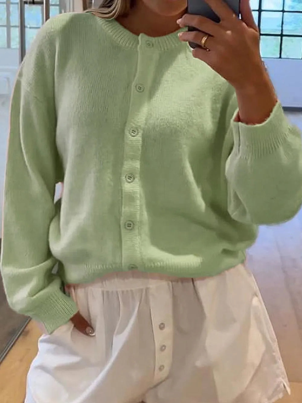 Button Down Long Sleeve Cardigan Light Green - Fashorio