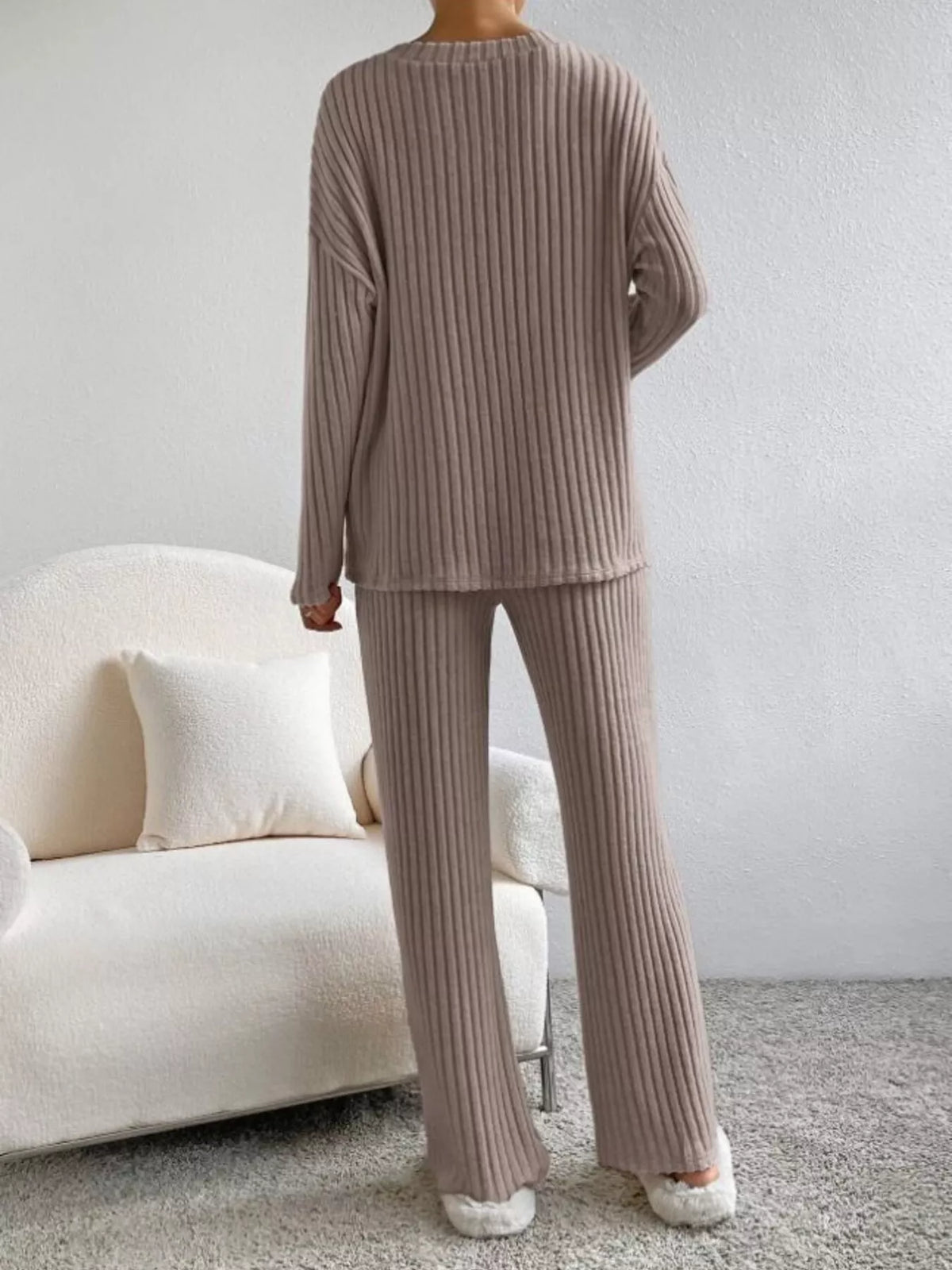 Ribbed Knit V Neck Top and Pants Set, view 14