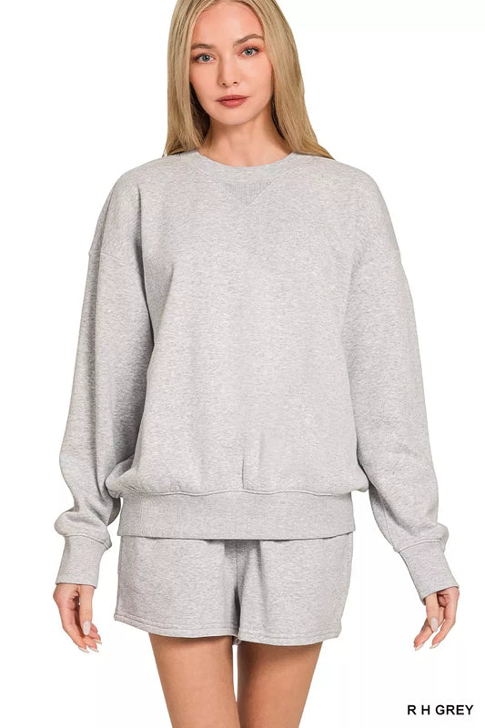 Zenana Fleece Long Sleeve Sweatshirts & Shorts Set R H GREY - Fashorio