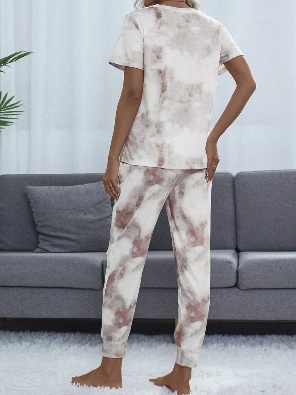 Shiny Tie-Dye Round Neck Short Sleeve Top and Pants Lounge Set - Fashorio