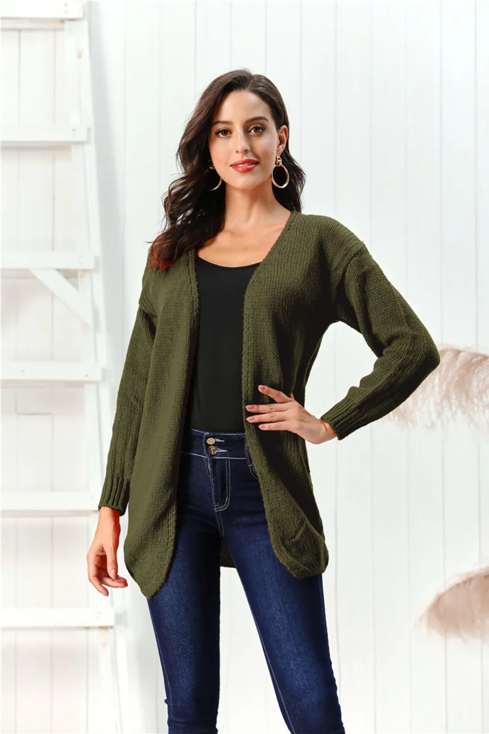 Open Front Long Sleeve Cardigan Army Green - Fashorio