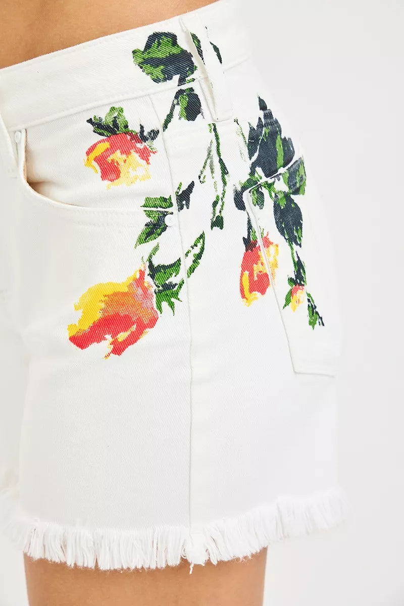 white RISEN floral high rise shorts full length view