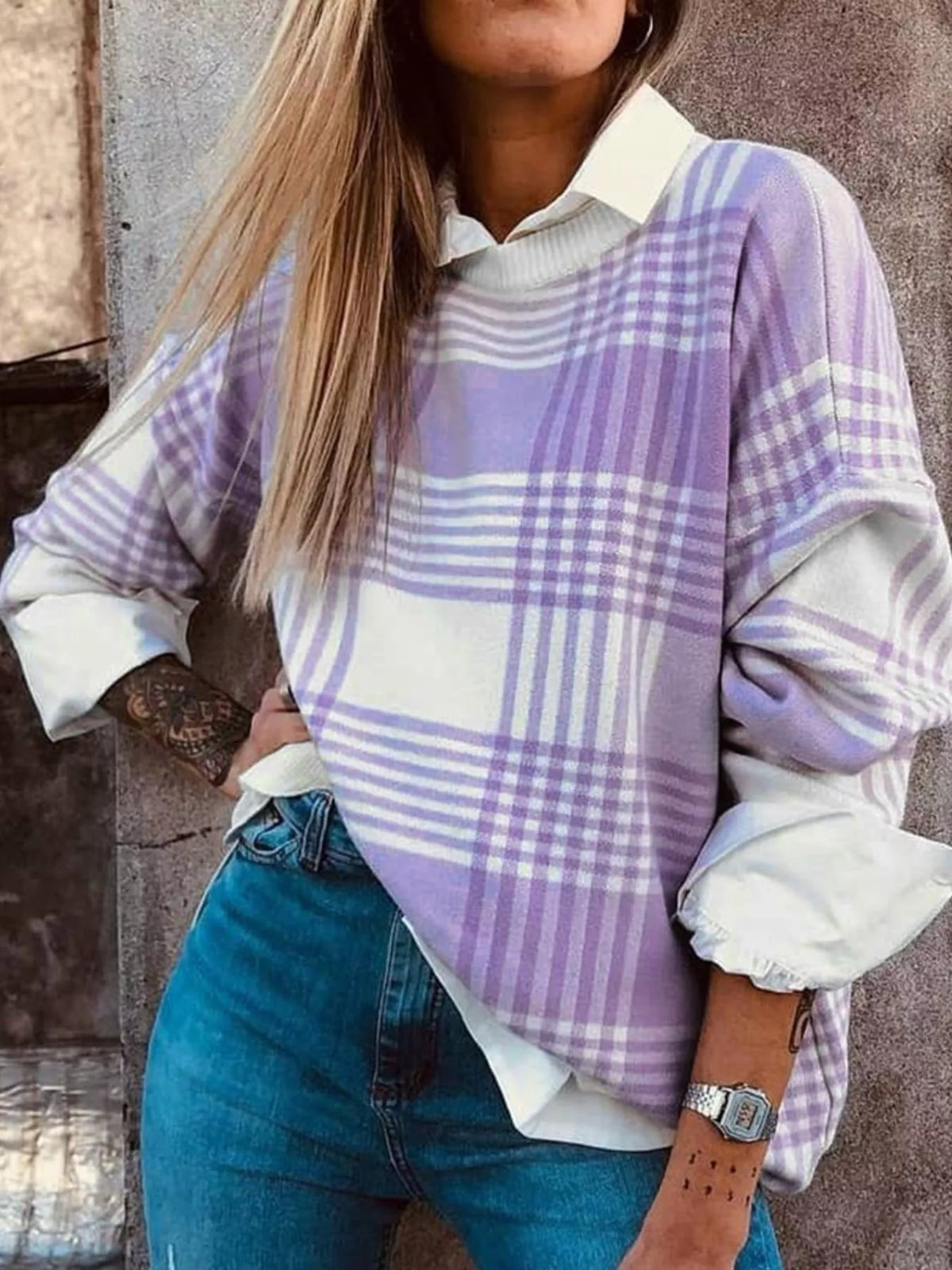 Lilac plaid round neck long sleeve sweater, front view