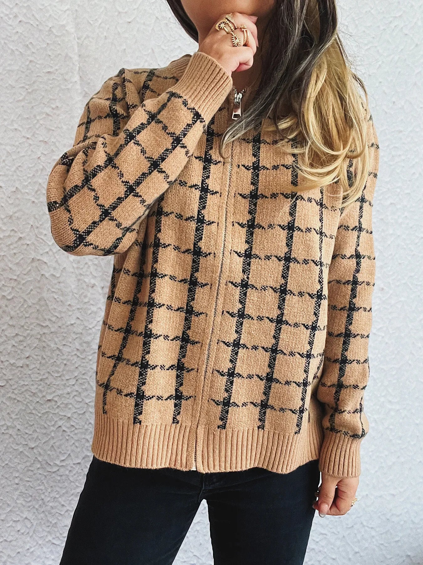 Plaid Pattern Zip Up Cardigan - Fashorio