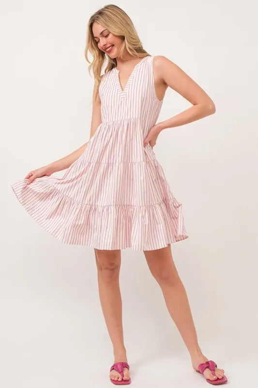 Striped Sleeveless V Neck Tiered Dress