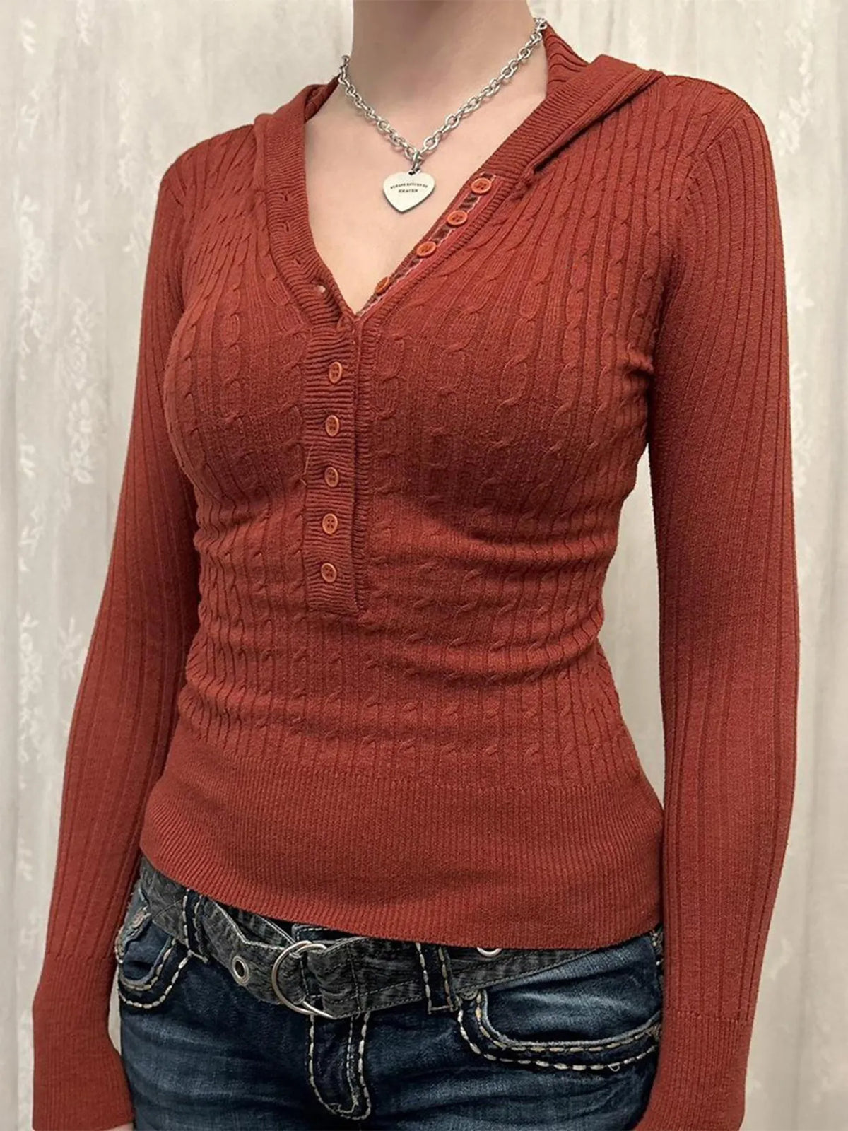 Button front long sleeve sweater in rust front view