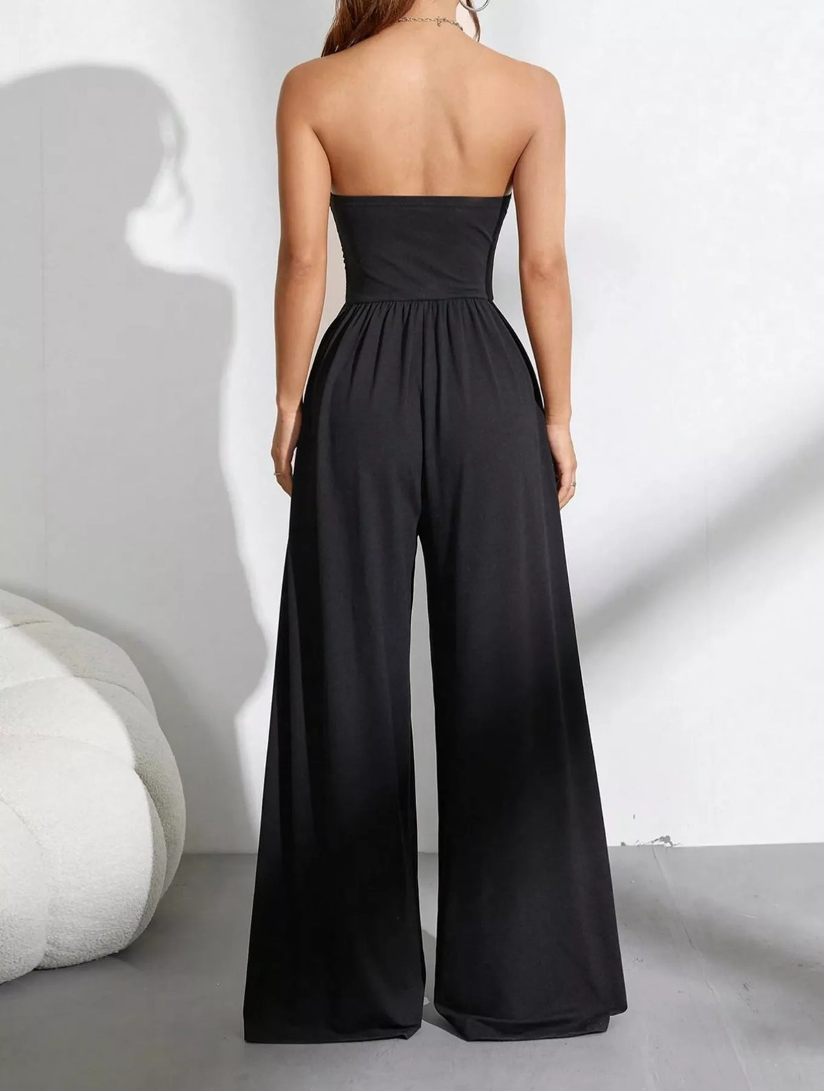 Wide leg strapless tube top jumpsuit full length view