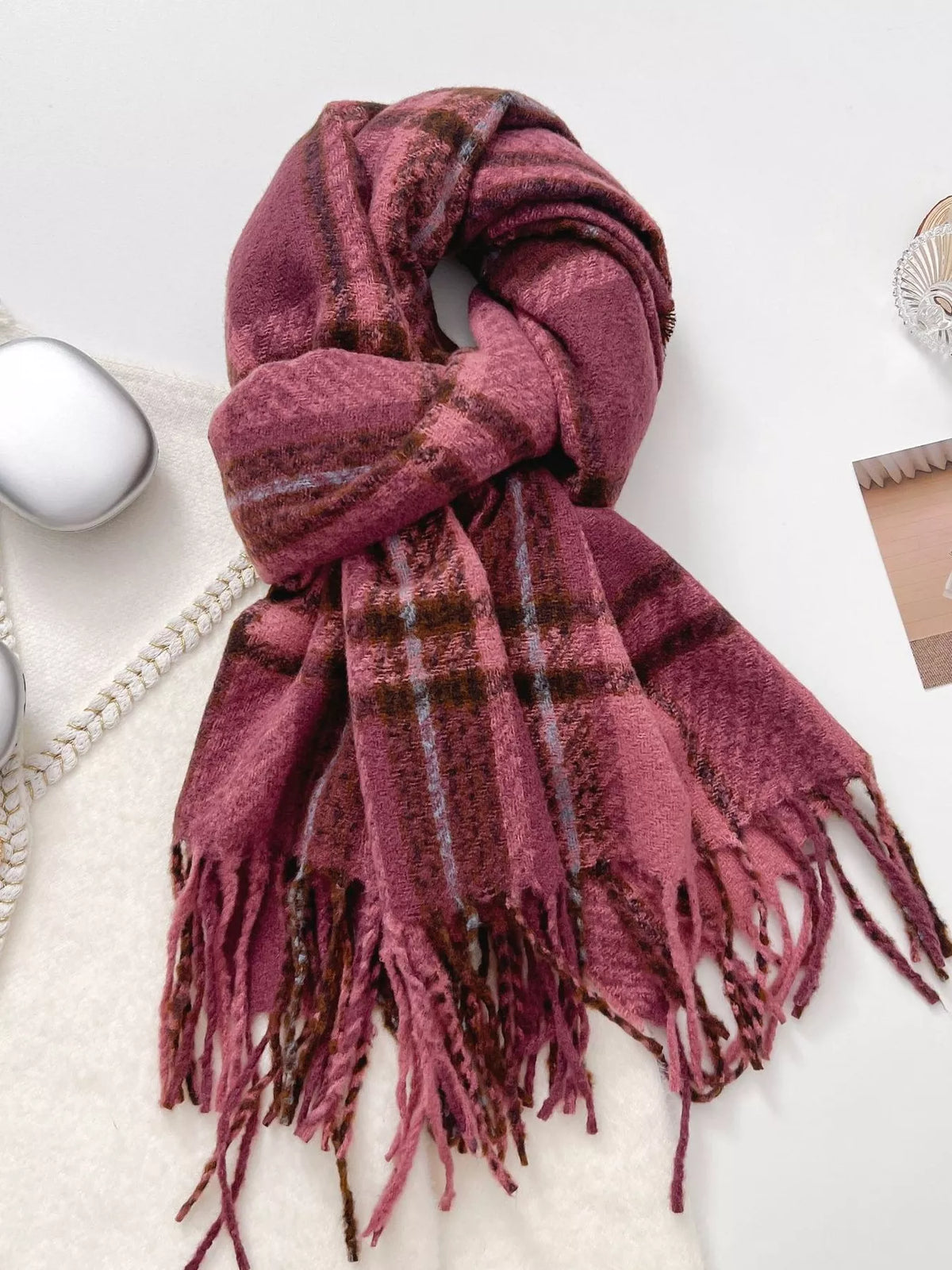 Plaid scarf styled casually