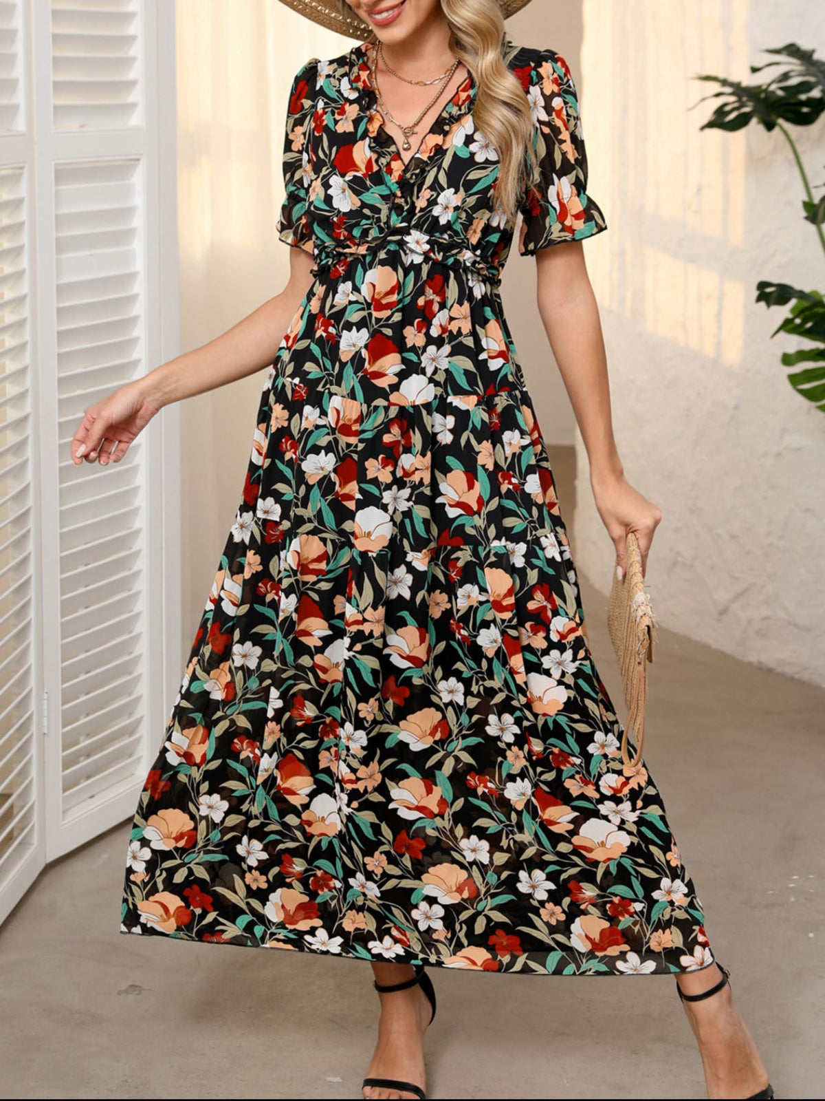 floral frill v neck maxi dress in black side view