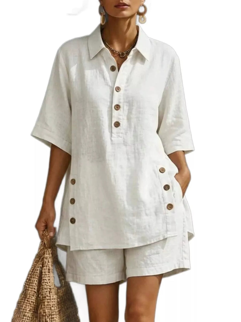 Linen button down shirt and shorts two piece set front view