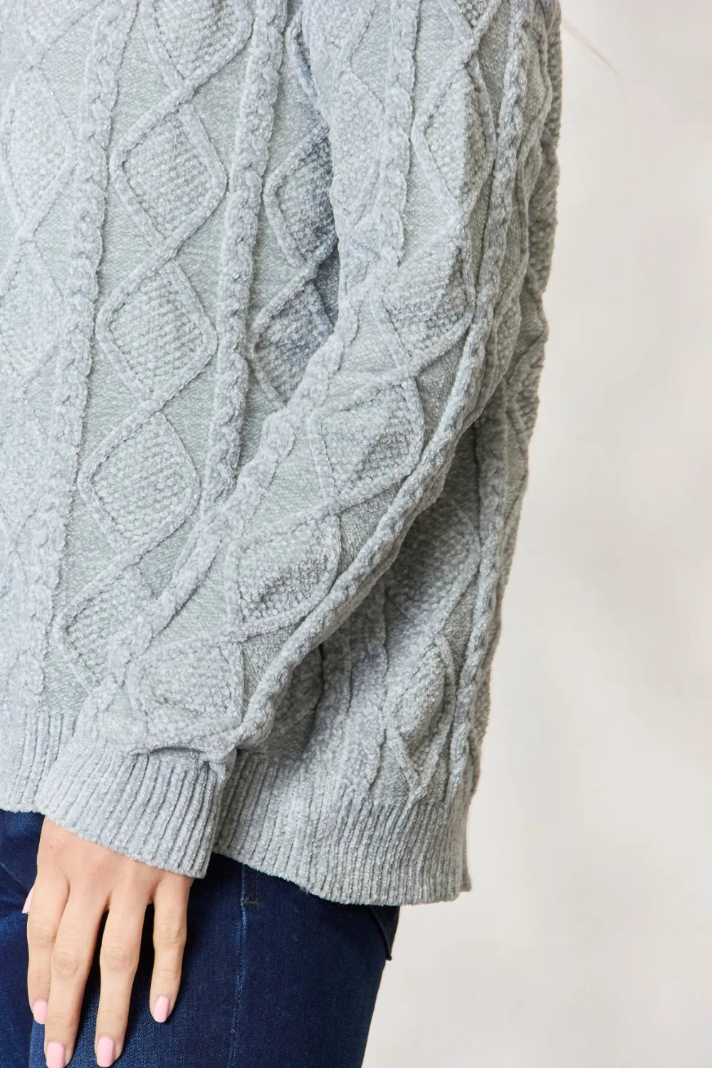 Cable Knit Round Neck Sweater in Dusty Sage close up
