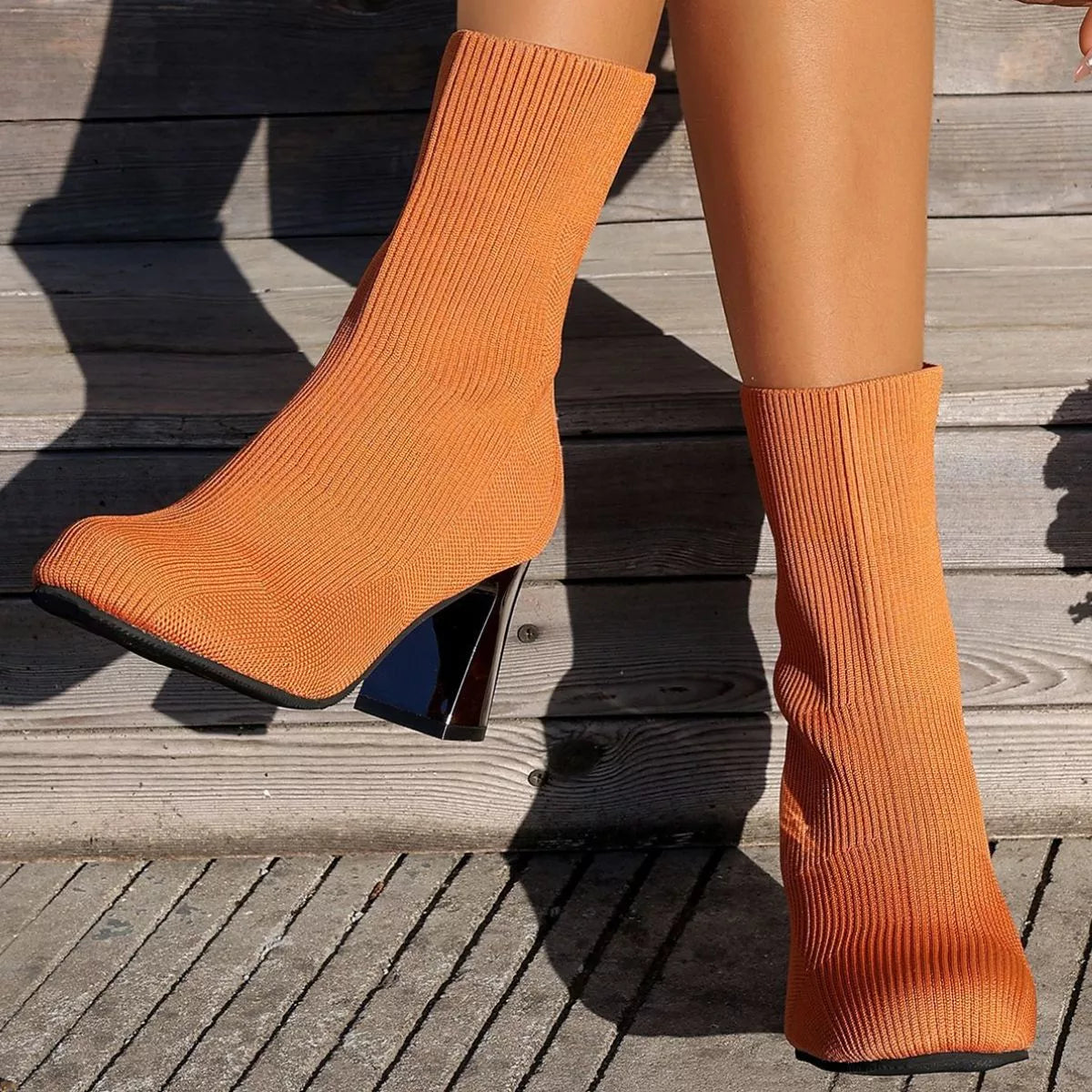 Round Toe Mesh Block Heel Boots styled on the model
