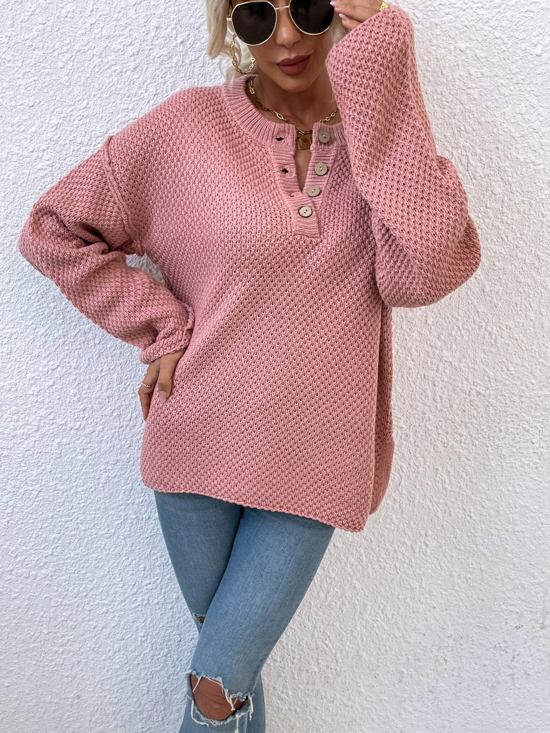 Quarter-Button Slit Sweater Dusty Pink - Fashorio