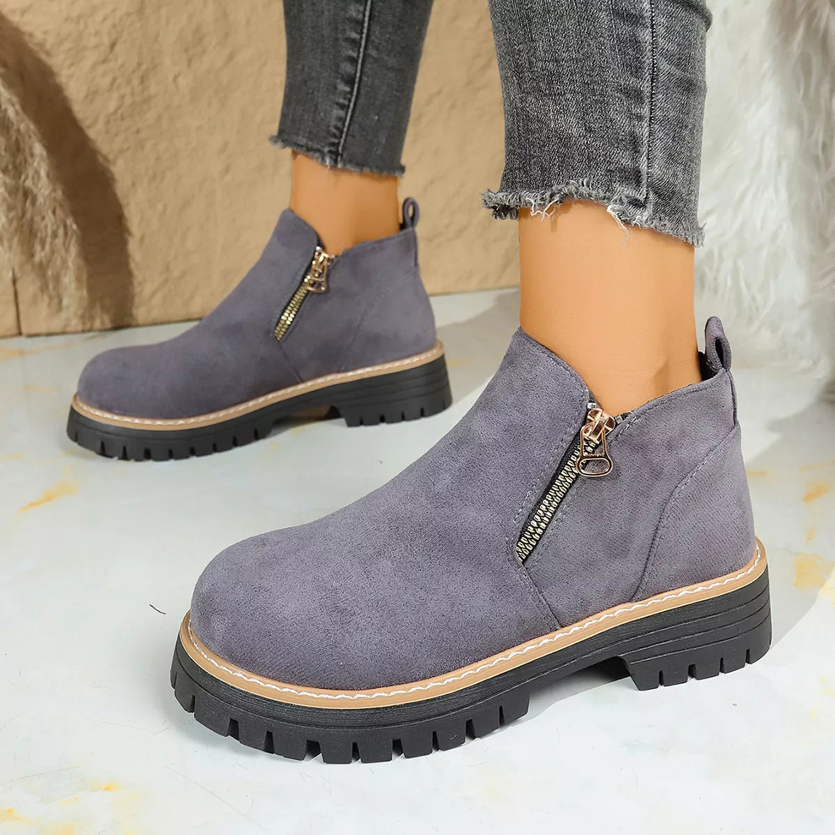 Suede round toe platform boots styled on model
